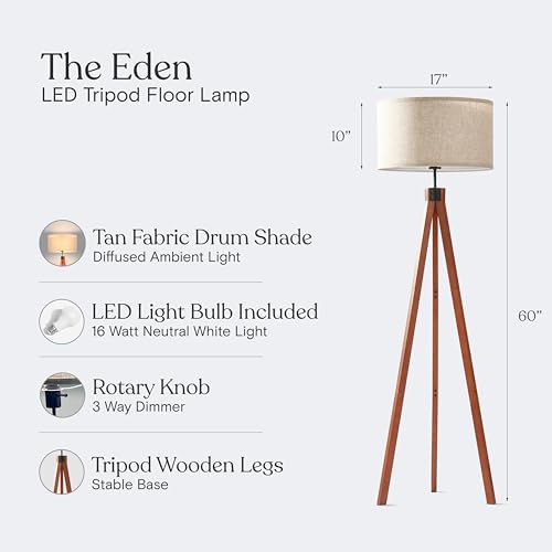Tall Tripod Floor Lamp with Dimmable LED, Solid Wood Legs for Living Room & Bedroom