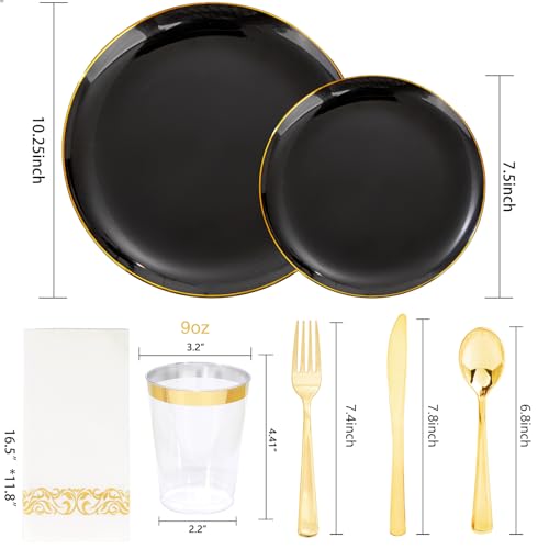 Black and Gold Plastic Dinnerware Set for 50 Guests - Heavy Duty Party Plates and Utensils