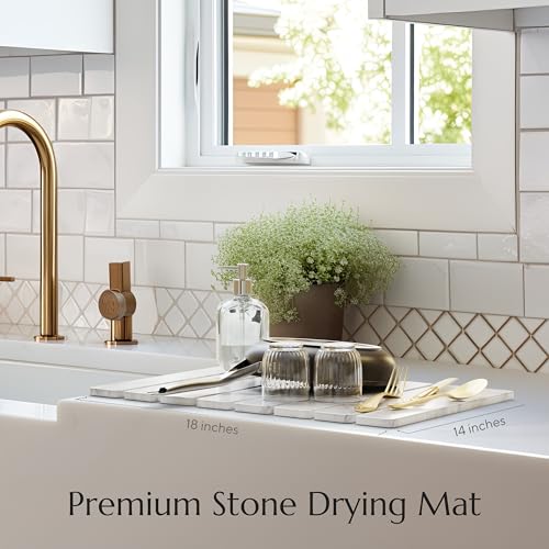 Diatomaceous Earth Drying Mat - Collapsible Stone Dish Drying Pad - White Marble Variation