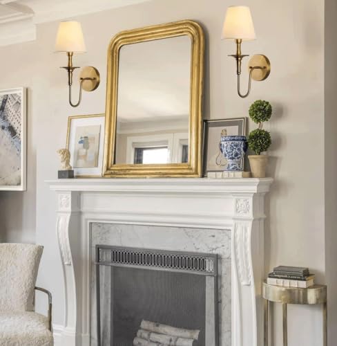 Vintage Gold Wall Sconce Set of 2 with White Fabric Shades - E26/E27 Fixture for Living Room, Hallway, Bedroom