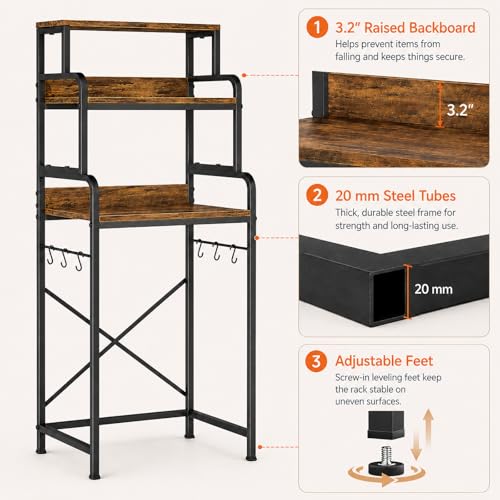 MILEFA Rustic Brown 4-Tier Mini Fridge & Microwave Stand with Side Hooks