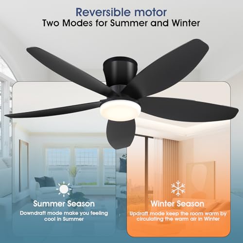 42-Inch Ceiling Fan with Lights and Remote, Low Profile Flush Mount, Reversible DC Motor, Black