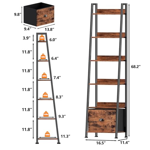 Furologee Rustic Brown 6-Tier Ladder Shelf with Fabric Drawer - Tall Storage Bookcase