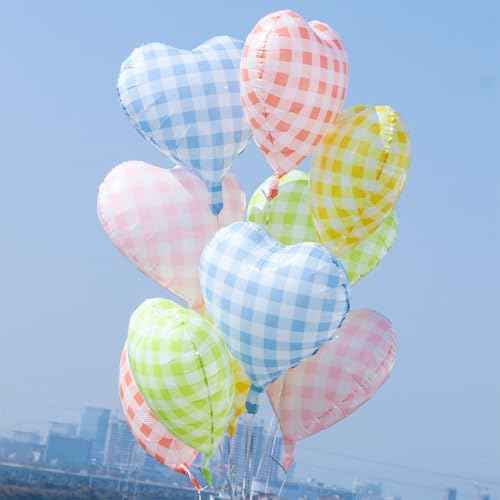 10 Pcs Red Pink Heart Grid Balloons 18 Inch Blue Green Yellow Checkered Foil Heart Balloons Helium Mylar Balloons for Girls Women Valentines Day Birthday Wedding Baby Shower Bridal Party Decorations