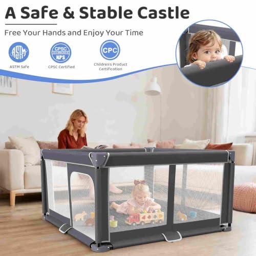 Foldable Baby Playpen with Mat - 50x50 Inch Safety Play Yard for Toddlers - Indoor & Outdoor, Portable Collapsible Design - Dark Gray