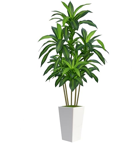Artificial Dracaena Tree 7FT with White Tall Planter - Realistic Indoor Floor Plant - Variation: White 7ft