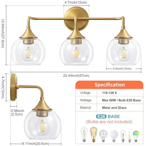 Gednbo Gold 3-Light Farmhouse Vanity Light Fixture 22 Inches - Dimmable Glass Globe Wall Sconce