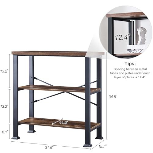 3-Tier Rustic Brown Bookshelf - 31.5 W x 34.8 H Short Storage Shelf with Open Shelves