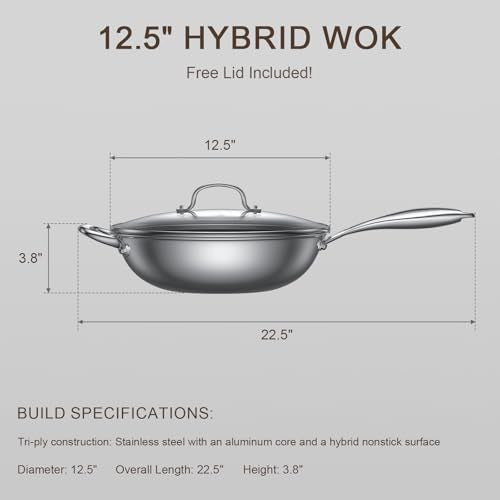 Uven Traoqq 12.5-Inch Stainless Steel Wok with Lid, Nonstick & Induction Compatible