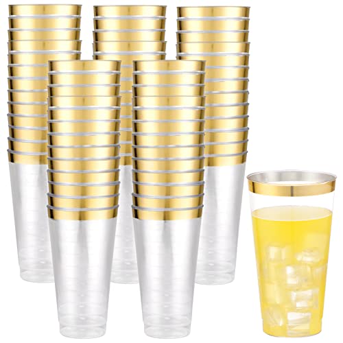 LIYH Gold Rim 16 oz Plastic Cups - Disposable Party & Wedding Beverage Cups (100 Pack)