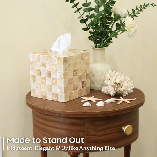 Square Ivory Capiz Shell Tissue Box Cover - Handcrafted Coastal Decor