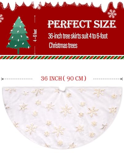 Tihulek 36-Inch White Faux Fur Christmas Tree Skirt with Gold Sequin Snowflakes - Perfect for 4-6FT Trees