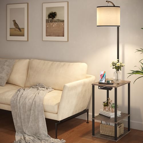 SUNMORY Grey Oak Floor Lamp with Shelves & USB Charging Station – Modern Living Room Light