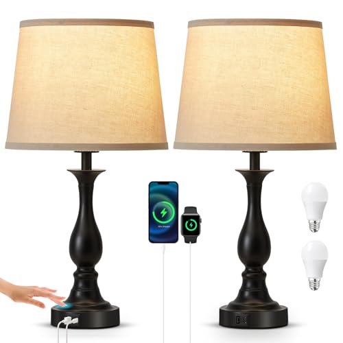 Black Touch Lamps for Nightstand Set of 2 with USB-C & USB-A Ports