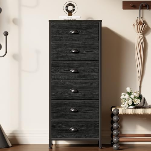 Furnulem Black Fabric Dresser with 6 Drawers - Tall Bedroom Storage, 11.5"D x 16"W x 39.6"H
