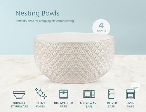 KooK Ceramic Nesting Bowls Set of 4 - Embossed Ivory Oven Safe Kitchenware