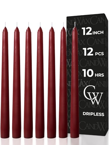 CANDWAX 12 inch Burgundy Taper Candle Set of 12 - Unscented, Dripless Smokeless for Christmas & Dinner Table Centerpieces