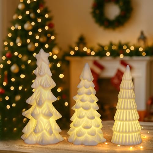 Lighted Ceramic Christmas Tree Set - 3 Small White Holiday Decor Figurines