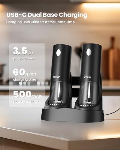 Electric Salt and Pepper Grinder Set with Rechargeable Base - Black, 6-Level Coarseness