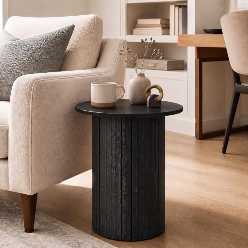 GIANTEX Black Round Fluted Side Table Set of 2 - Modern Pedestal End Tables
