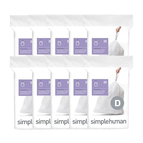 Simplehuman Code D 200 Pack Custom Fit Trash Bags - 20L Drawstring Liners, Mess-Free Dispenser, Extra Thick, PCR Plastic