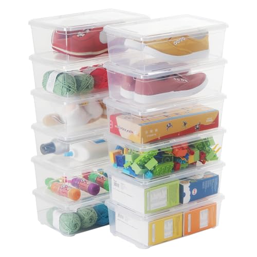 12 Pack BPA-Free Stackable Clear Shoe Storage Bins with Latching Lids, 6 Quart