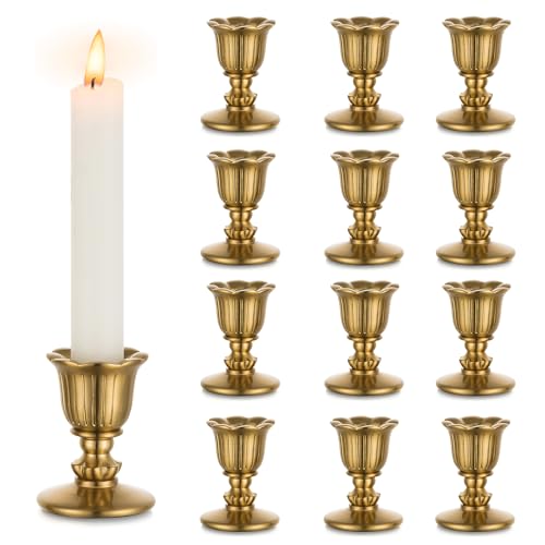 12 Pack Vintage Brass Candle Holders Taper Candle Stick Set - Gold Victorian Style