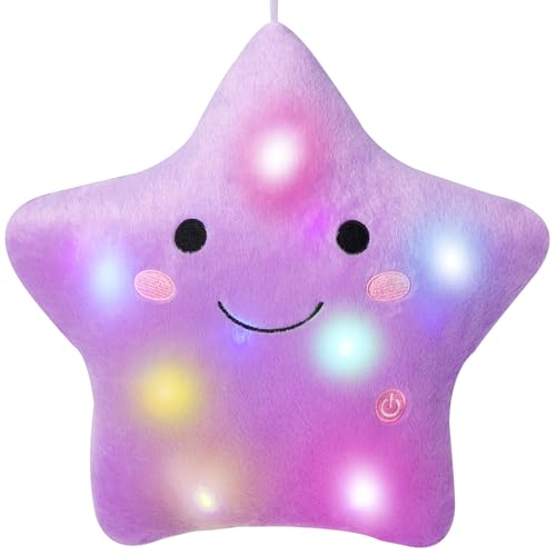 DearSun 13''Creative Twinkle Star Colorful Night Light Plush Pillows Light up Night Stuffed Toys Perfect for Birthday Christmas Holiday Valentines (Purple)