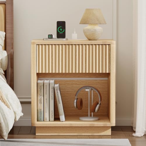 Oak Fluted Nightstand with Charging Station, 1 Drawer - Mid Century Modern Bedroom Furniture