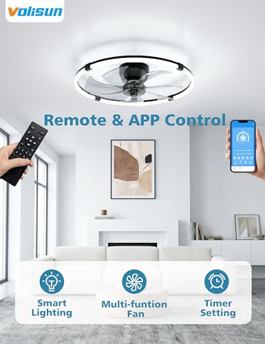 Black 23.6-inch Low Profile Ceiling Fan with Lights Remote Dimmable Modern LED