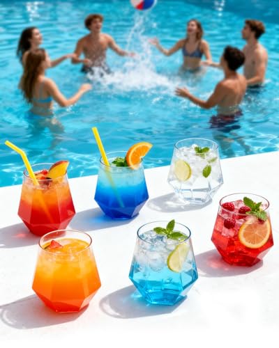 Clear Plastic Diamond Stemless Wine & Whiskey Glasses 40 pcs - Unbreakable Drinkware