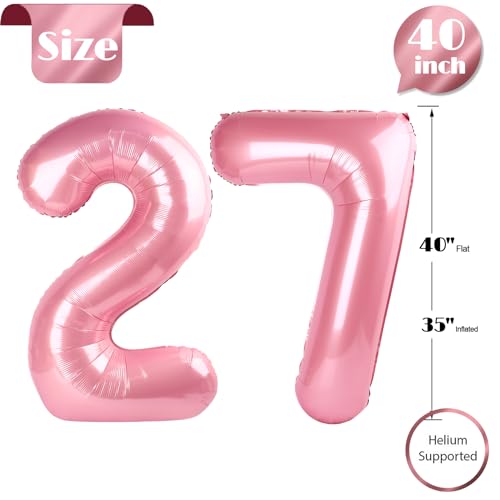 Pearlescent Pink Number 27 Balloons 40 inch, 27 Number Balloons, 27th Birthday Decorations, 27 Year Old Women Pastel Pink Party Supplies