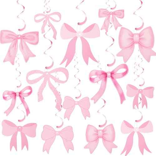 28 Pcs Bow Birthday Decorations Coquette Bow Birthday Hanging Swirls Decorations for Bridal Shower Party Supplies Wedding Christmas Party(Pink)