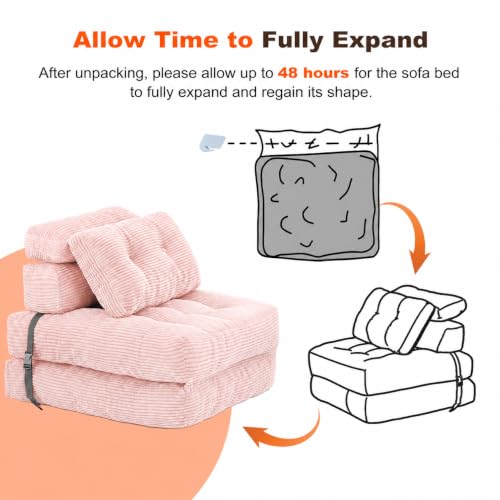 Pink Folding Sofa Bed - King Oasis Corduroy Chair Bed with Pillows, 3-in-1 Convertible Floor Couch