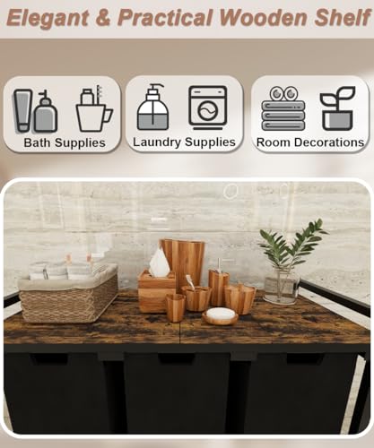 3 Section Laundry Hamper with Pull-Out Bins - Rustic Brown & Black, No Wheels