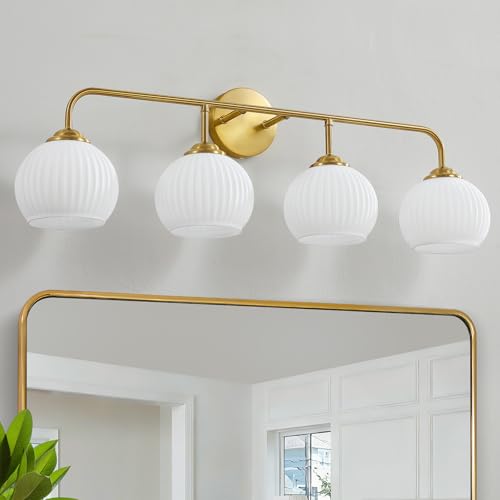 Brushed Gold 4-Light Bathroom Vanity Light Fixture with Frosted Glass - Wall Sconce
