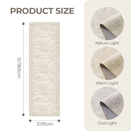 Beige Non-Slip Washable Runner Rug 3x12ft Hallway Carpet - Vintage Style