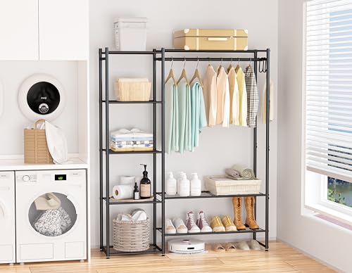 Black Medium Metal Closet Wardrobe with Storage Shelves & Hanging Rod