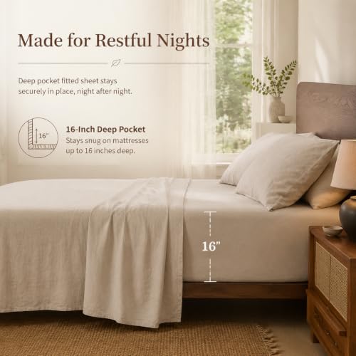 Queen Linen Sheets Set - 4Pcs 16-Inch Deep Pocket French Flax Linen