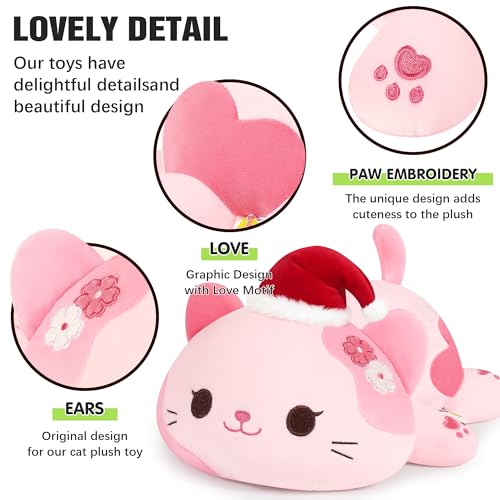 Onsoyours Original Christmas Sakura Cat Plush with Santa Hat Cute 13 inch Kitten Stuffed Animal Soft Pillow Pink Kawaii Kitty Plush Toy Gifts for Kids & Adults (Christmas Sakura Cat, 13")