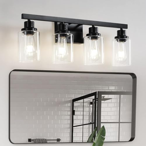 DIKAIDA Black 4-Light Bathroom Vanity Light Modern Matte Black Wall Sconce with Clear Glass Shades