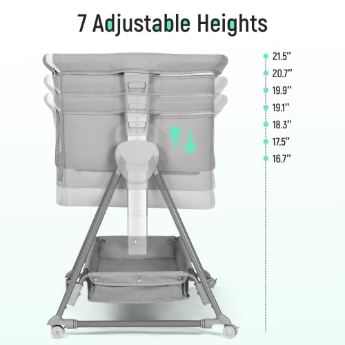 Cowiewie Pyramid Light Gray Baby Bedside Bassinet with 7-Position Height & Storage