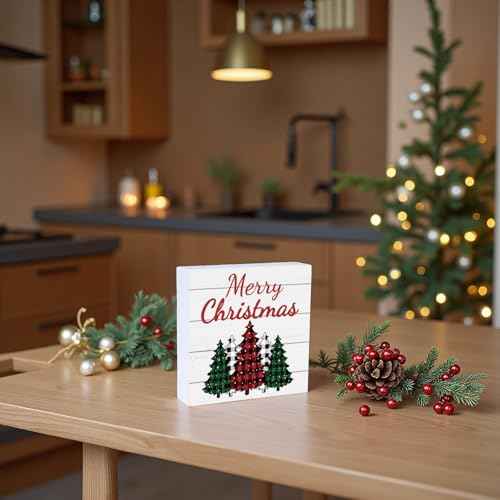Christmas Table Decorations Christmas Decor Indoor Home Room Buffalo Plaid Tree Office Bathroom Wood Box Sign Rustic Wooden Shelf Desk Decor Season Sign House Warming Gifts 5.9 x 5.9 Inch
