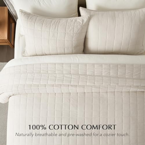 Queen Size Cotton Quilt Set with Box Stitch Design - Birch, 100% Cotton, Soft & Breathable