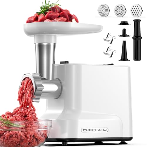 CHEFFANO White 300W Electric Meat Grinder 2500W Max with Sausage & Kubbe Kit