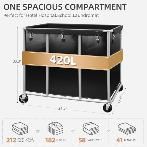 Commercial Laundry Cart with Wheels 420L Black Heavy Duty Industrial Storage