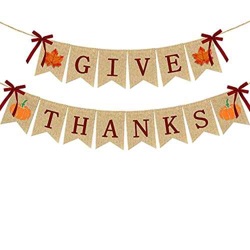 Give Thanks Burlap Banners Thanksgiving Decorations | Rustic Turkey Pumpkin Burlap Garland | Thanksgiving Party Supplies - 2 Strings, NO DIY Fireplace Mantle Home Decoration