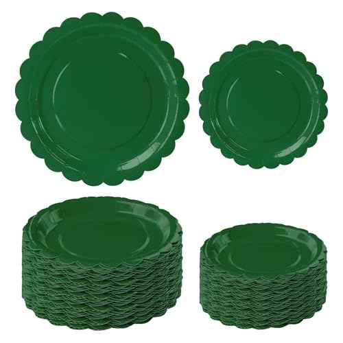 50 Pcs Green Scalloped Paper Plates 25 ¡¿ 7'' and 25 ¡¿ 9'' Disposable Green Scalloped Dinner Plates for Wedding Baby Shower Birthday Party Disposable Dessert Plate