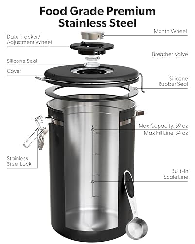 Veken Coffee Canister with Window - 39 oz Large Airtight Stainless Steel Jar - Black