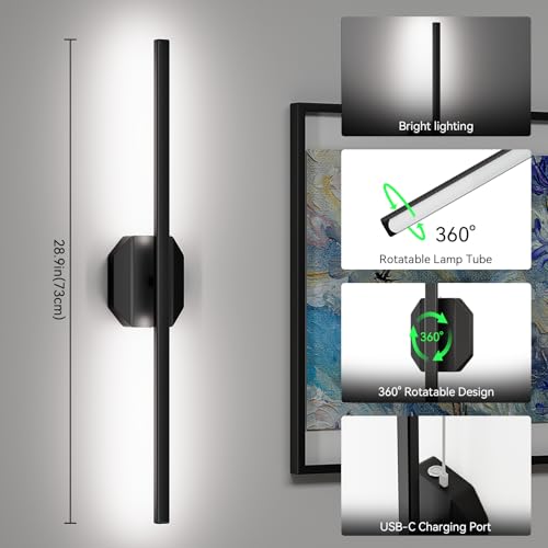 Wireless Rechargeable Wall Sconce Set of 2, Dimmable 3000K-6000K LED Wall Lights with Remote, 28 Inch for Bedroom & Living Room